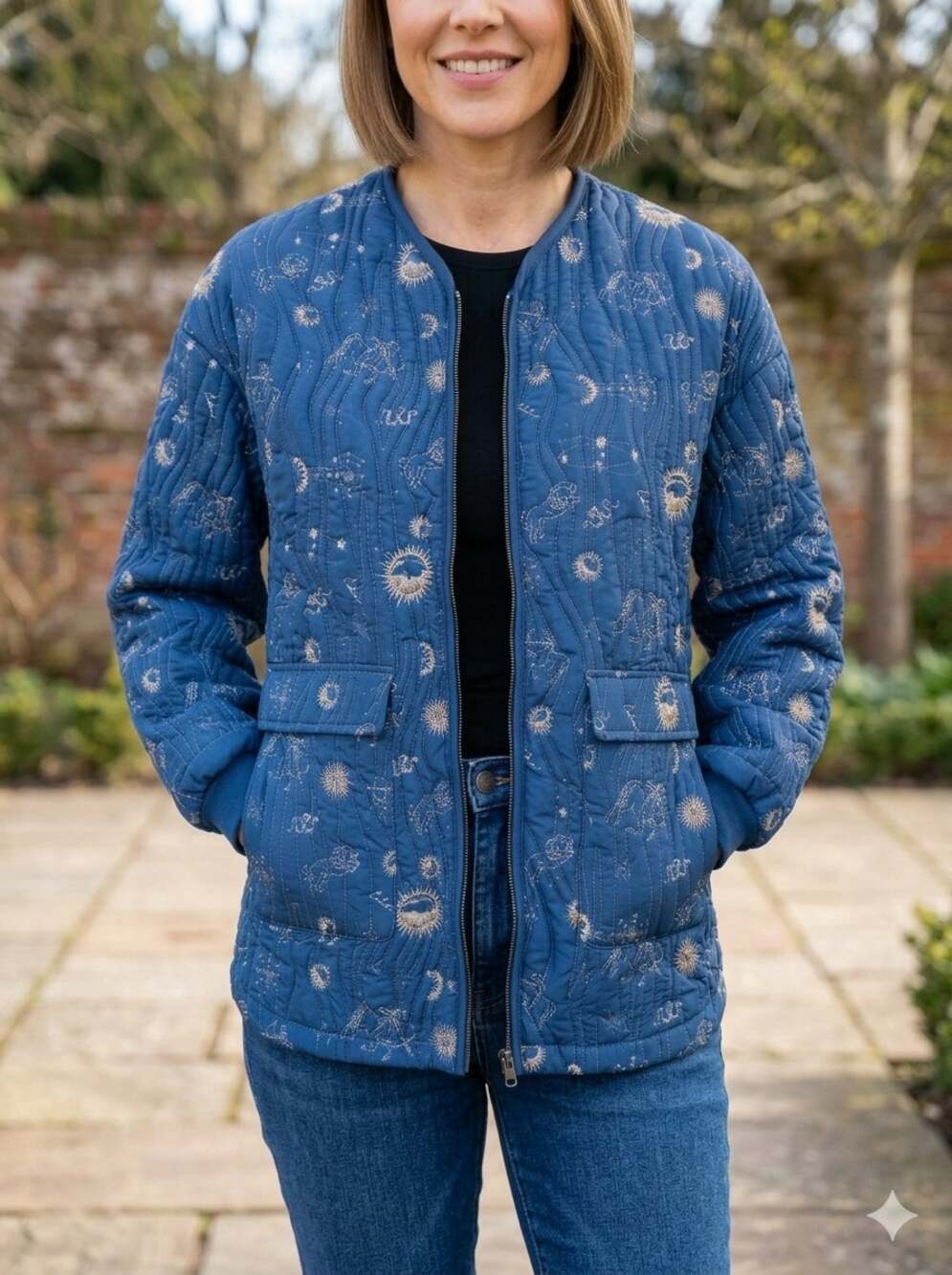 Johnny Was Calme Womens Yessi Constellation Quilted Jacket size S Celestial Blue